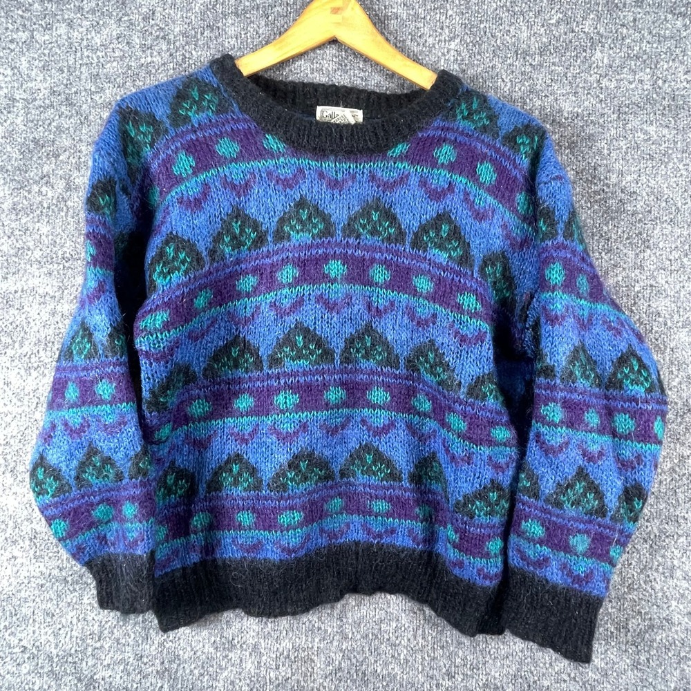 Vintage Gallagher Sweater Womens Medium Blue Purple Mohair Blend Fair Isle Knit